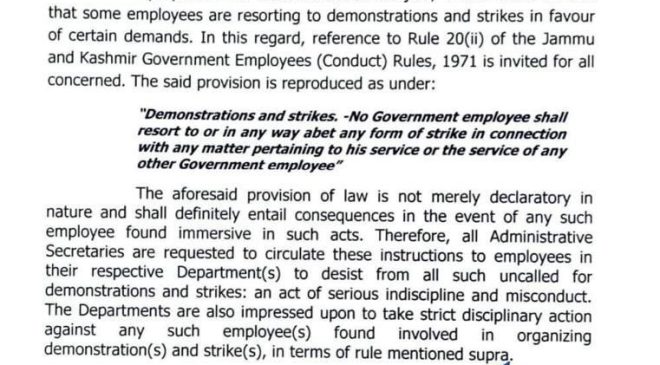J&K Govt Warns Employees Against Strikes, Threatens Disciplinary Action