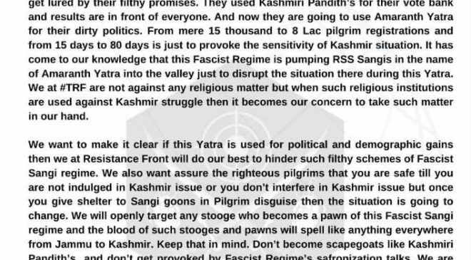 The Resistance Front, militant group issues threat ahead of Amarnath Yatra