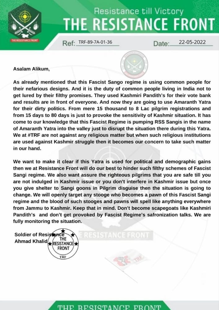 The Resistance Front, militant group issues threat ahead of Amarnath Yatra