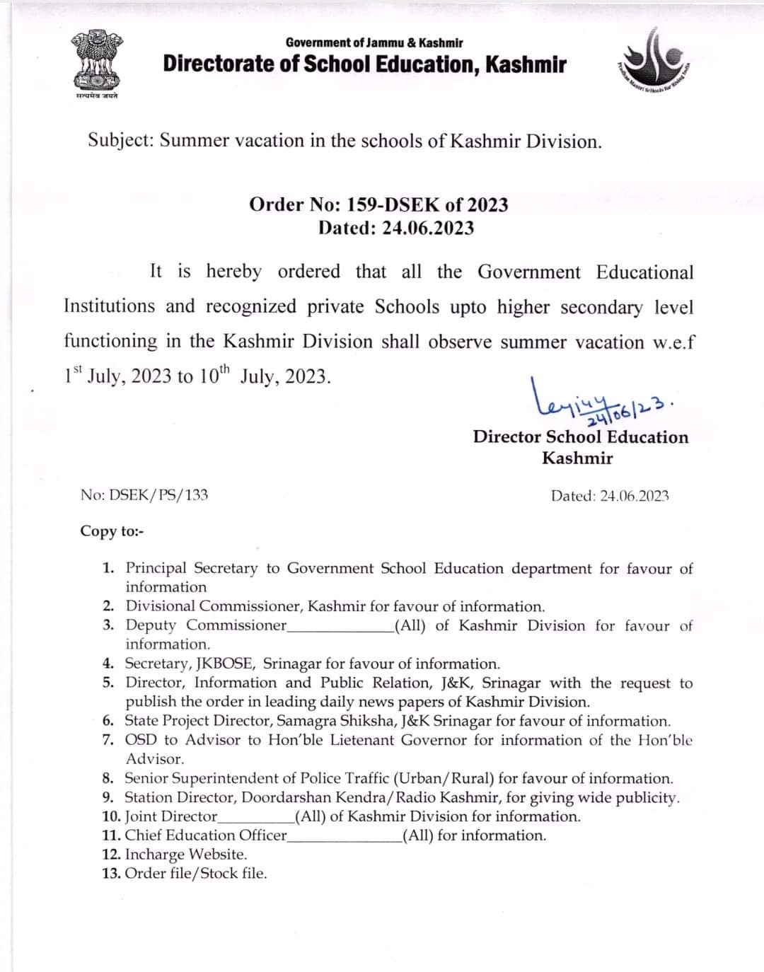 Summer Vacation in Kashmir Schools from July 1