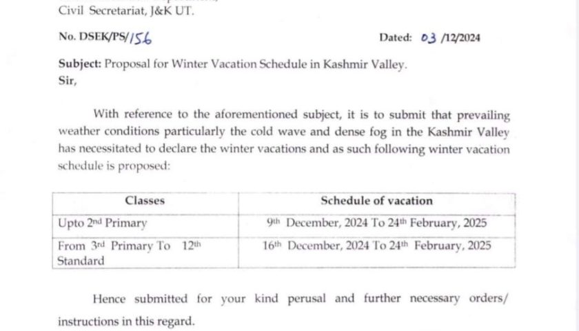 Winter Vacation in Kashmir: DSEK Submits Proposal Due to Severe Weather