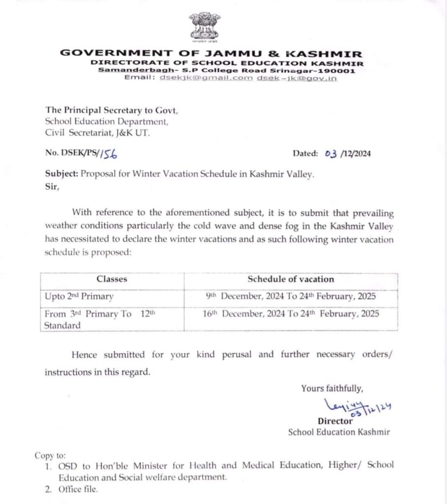 Winter Vacation in Kashmir: DSEK Submits Proposal Due to Severe Weather