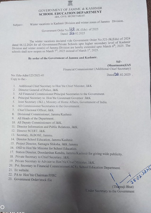 Schools in Kashmir to Reopen on March 7 Following Weather-Related Extension