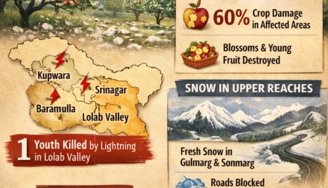 Kashmir Hailstorm Damages Apple Orchards, Lightning Kills Youth in Lolab as Fresh Snowfall Returns to Higher Reaches