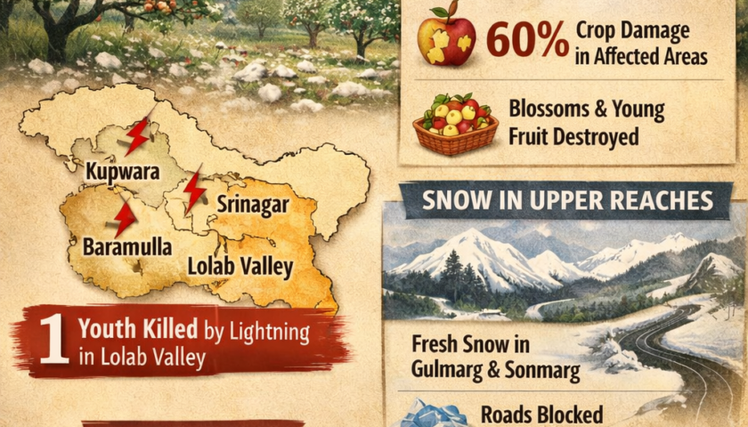 Kashmir Hailstorm Damages Apple Orchards, Lightning Kills Youth in Lolab as Fresh Snowfall Returns to Higher Reaches